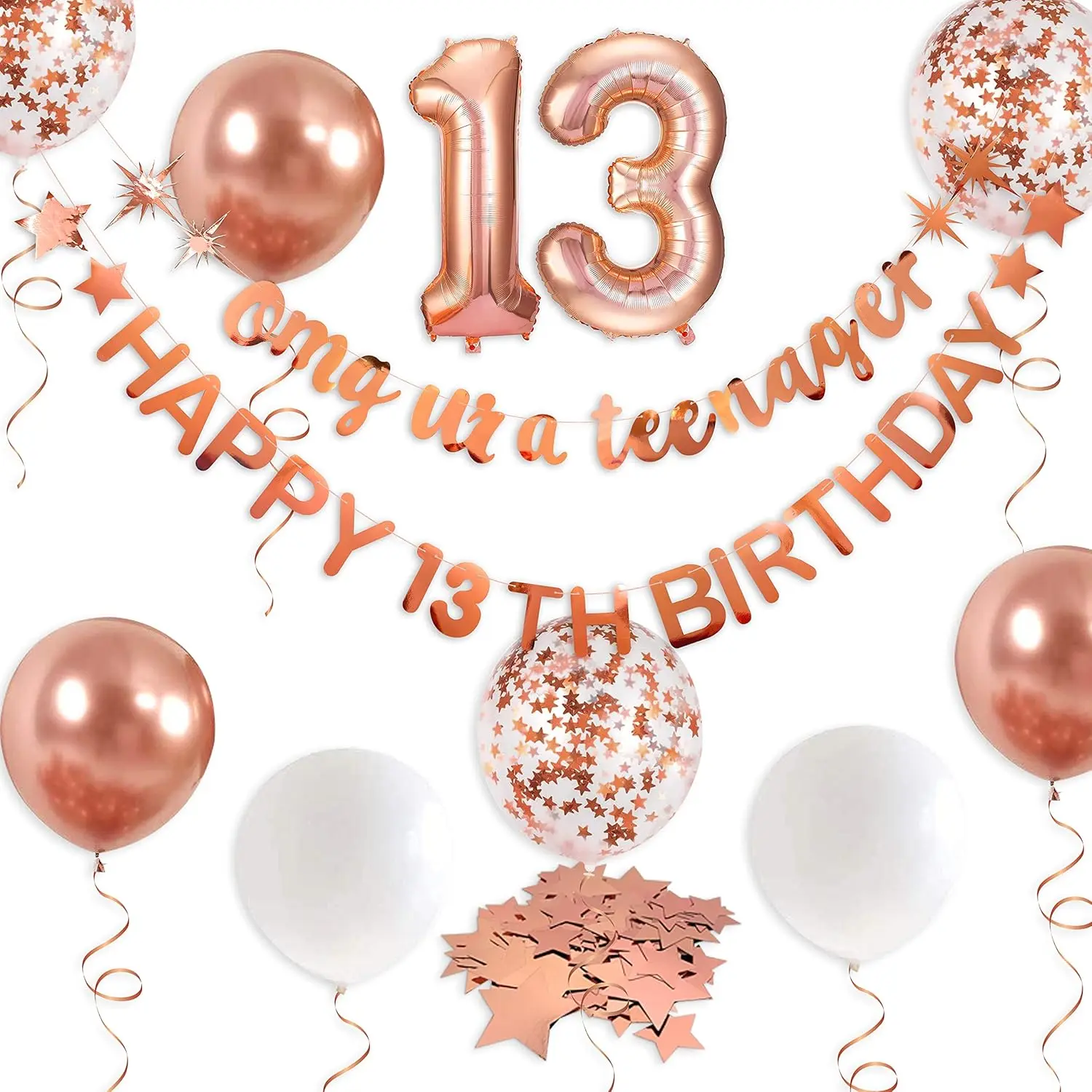 Rose Gold OMG You're a Teenager 13th Birthday Banner & Foil Balloons for Teen Girl Party