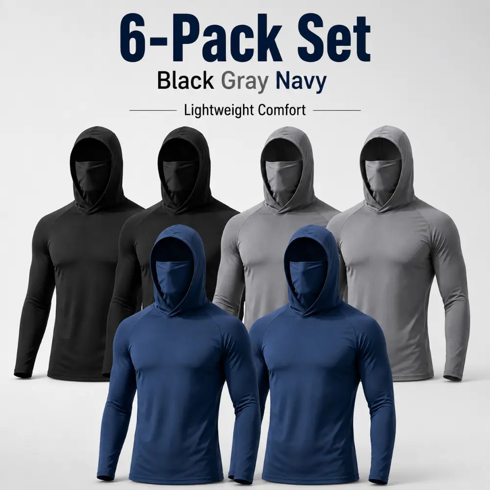 6-Pack Men's Long Sleeve Hooded Exercise Shirts with Integrated Face Cover Panel, Breathable Athletic Pullovers Designed for Weight Training, Trail Hiking, Fishing, Outdoor Construction, Weekend Camping and Recreational Sports