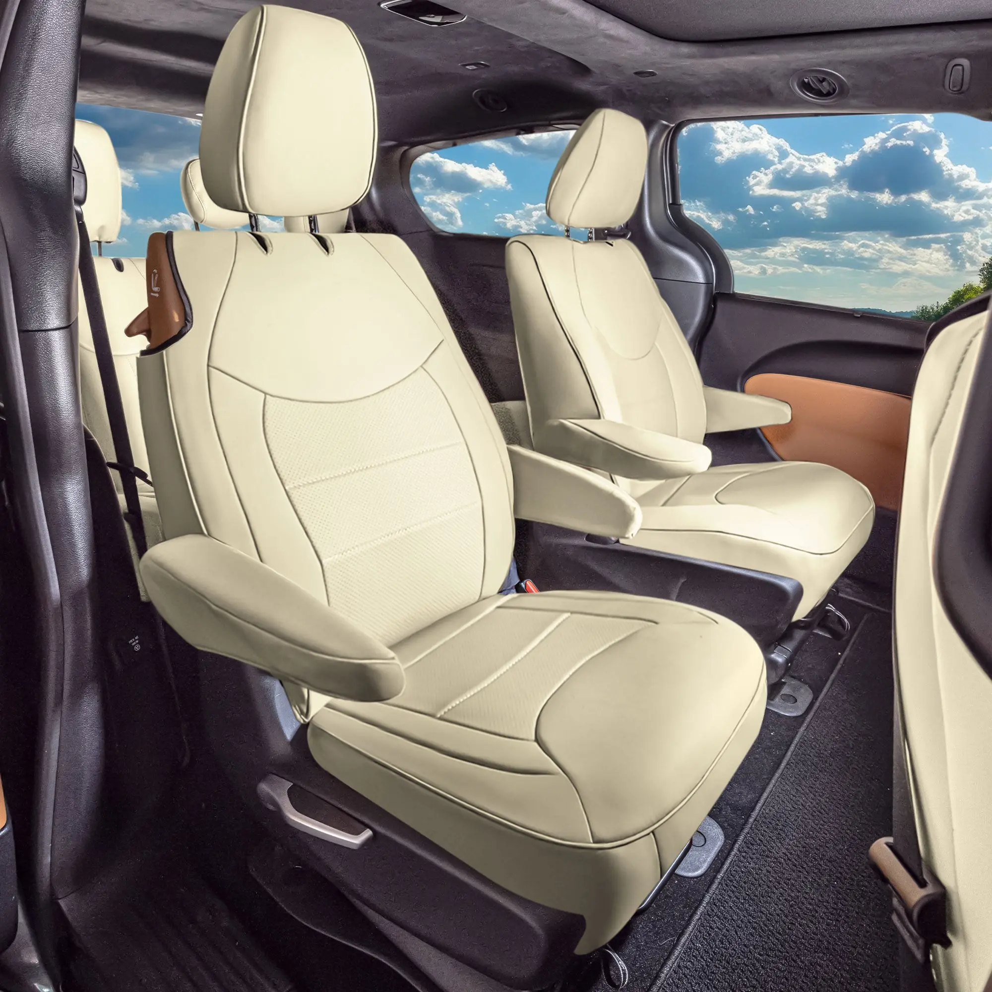 FH GROUP Custom Fit Waterproof 2nd Row Seat Covers for Chrysler Pacifica Hybrid - 2017-2024 Models - Beige Faux Leather