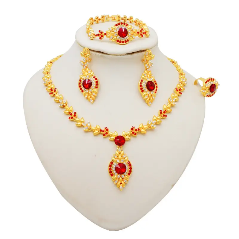 Women's 4-Piece Gold Jewelry Set, Elegant Rhinestone Floral Bridal Collection with Necklace, Bracelet, Wedding Earrings & Adjustable Ring, Elegant Jewelry Set, Wedding Set Earrings