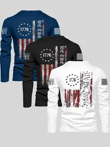 Classic Men's Multicolor Crew Neck Long Sleeve T-Shirt, Flag Print Design, Comfortable Knit Fabric, Casual Style, Spring & Fall Wear
