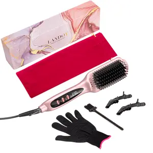 LANDOT Hair Straightener Brush for Smooth Shiny Hair- Ionic Ceramic Straightening Brush, Dual Voltage, 12 Heat Settings 250°F-450°F for All Hair Types