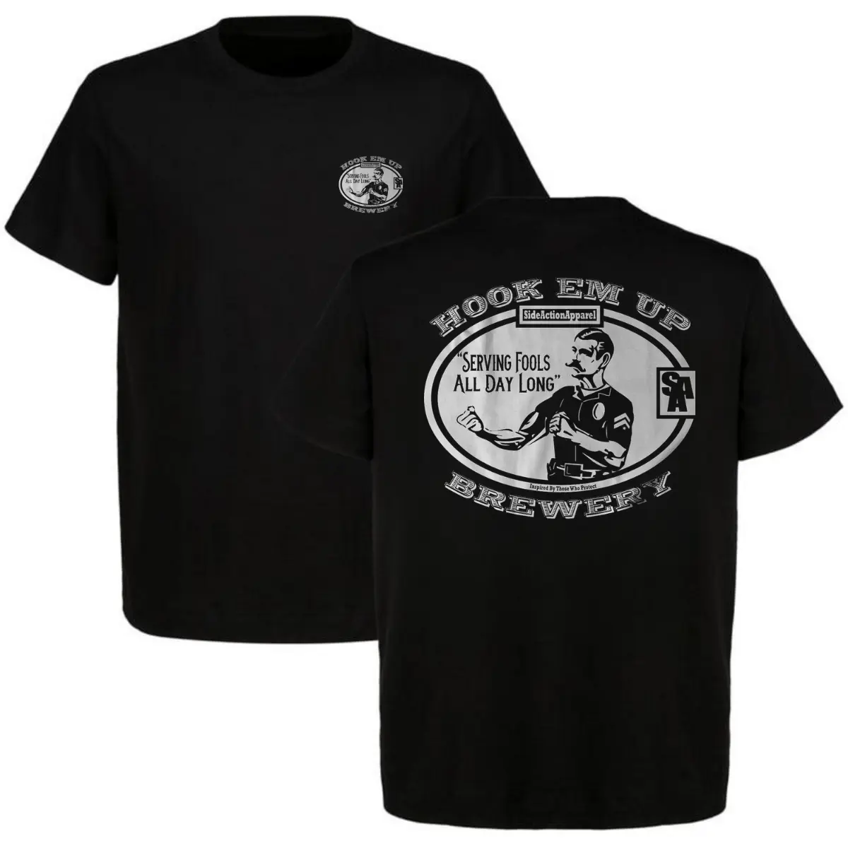 Hook Em Up Brewery Serving Fools All Day Long Black Graphic T-Shirt Police Humor Streetwear Oversized Tee Men Viral 2026