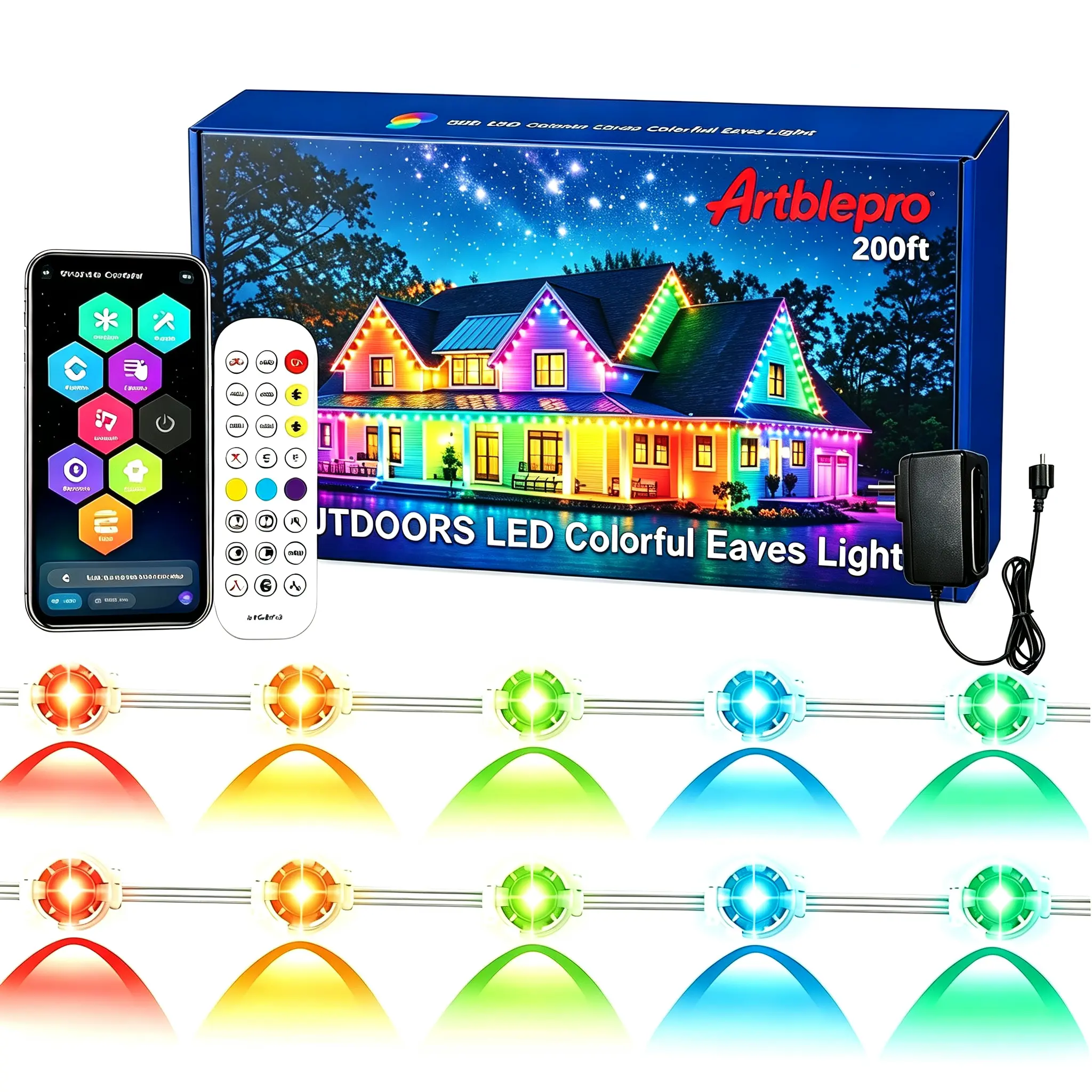 ARTBLEPRO Permanent Outdoor Lights Pro, RGB+IC Smart Eave Lights, Segment‑Smart LED Lights, IP67 Waterproof Year‑Round House Roof Gutter Lights, Music Sync App Remote Control, for Christmas Halloween Holiday Decor