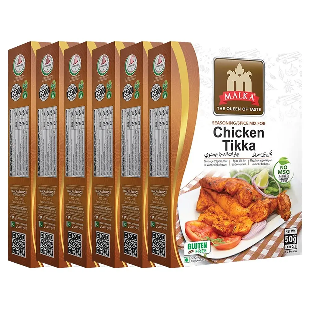 Malka Chicken Tikka Recipe Mix 50g | 1.76 oz | Authentic Gourmet Spice Powder for BBQ Meat | No MSG Added, Vegan, Non-GMO, Gluten Free & Halal | Pack of 6