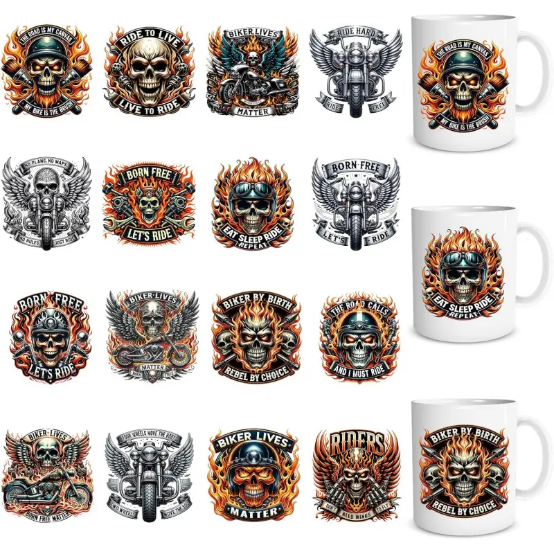 UV DTF Cup Wraps - 16 Sheets Motorbike Skeleton UVDTF Cup Wraps for 16 OZ Glass, Rider Flaming Skull UV DTF Transfer Stickers, Waterproof Rub on Transfer Decals for Water Bottles Mugs