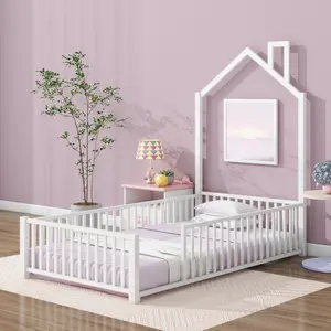 Twin House Floor Bed Frame with Full-Length Guardrails, Metal Bed Frame with House-Shaped Headboard and Gate Door, White