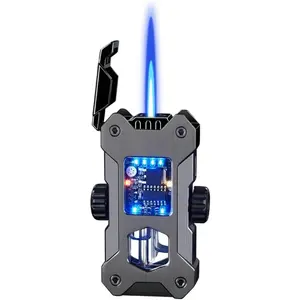 Creative Smart Display Windproof Soft Jet Flame Lighter with 4 Ignition Methods, Electric Torch Lighter, Butane Refillable & Type-C Rechargeable, Mecha Design with Breathing Lights (Without Butane),cool stuff for room