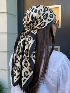 Women's Wild Leopard Satin Square Scarf 90x90cm, Muslim Headscarf, Beach Sun Protection, Y2K Bandana, Versatile Shawl Hair Tie
