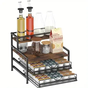 3 Tier Coffee Syrup Rack Organizer, 72 K Cup Storage for Counter Storing K Cup, Coffee Syrups, Coffee Makers and Other Coffee Supplies-Rustic Brown