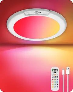 Rechargeable Motion Sensor Ceiling Light - 12 RGB & Cool White Colors, Battery-Operated, Remote-Controlled Magnetic Lamp for Bathroom, Closet, Porch