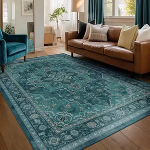 Teal Living Room Rug Washable Non Slip Rug for Dining Room Under Table, Vintage Medallion Vibrant Low Pile Thin Carpet Rugs for Bedroom Den Home Office