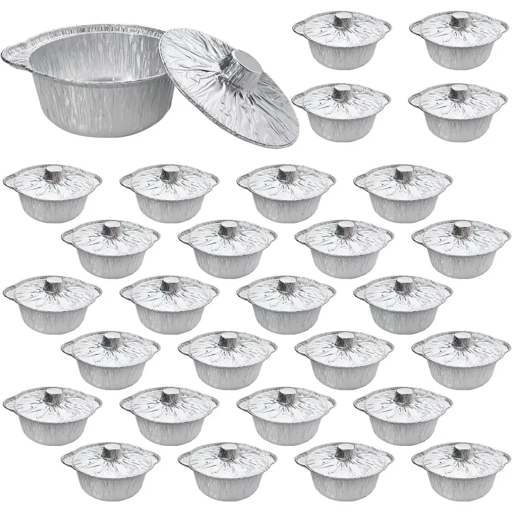 28 Pcs Disposable Aluminum Pot with Lid Round Foil Pans for Cooking, Baking, and Heating Food Container for Vacation, Camping, and Party Supplies (33.8 oz) Bakeware Kitchenware Stainless Steel Portable