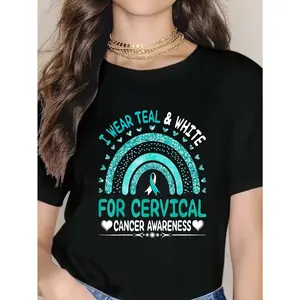 100% cotton unisex “I wear teal and white ribbon” cervical cancer awareness T-shirt, 2026 women’s round-neck short-sleeve T-shirt