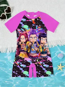 Girls Kpop Korean Style Jumpsuit, Inkblot Cartoon Print Short Sleeve Quick-Dry Swimsuit, Children Beach Vacation Swimming Clothes
