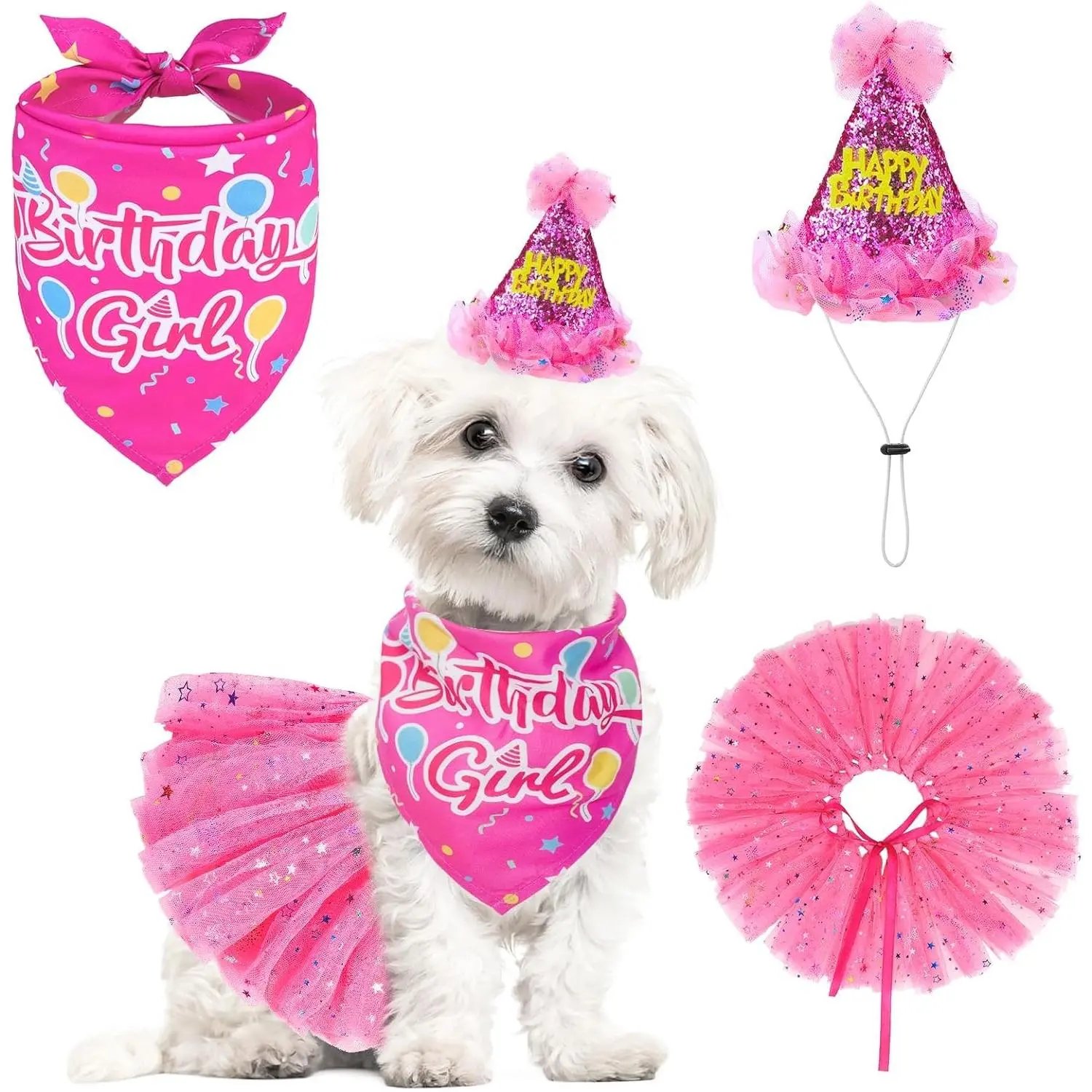 Birthday Bandana with Hat and Dress Girl Set, Puppy Birthday Party Supplies, Cute  Tutu Skirt Outfit for Small Medium Large Dogs