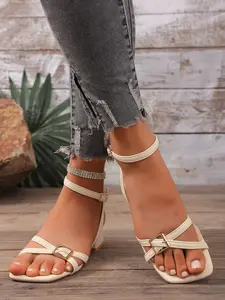 Women’s White Low Block Heel Sandals – Square Toe Open Toe Ankle Strap Buckle Heels, Comfortable Minimalist Summer Work Sandals