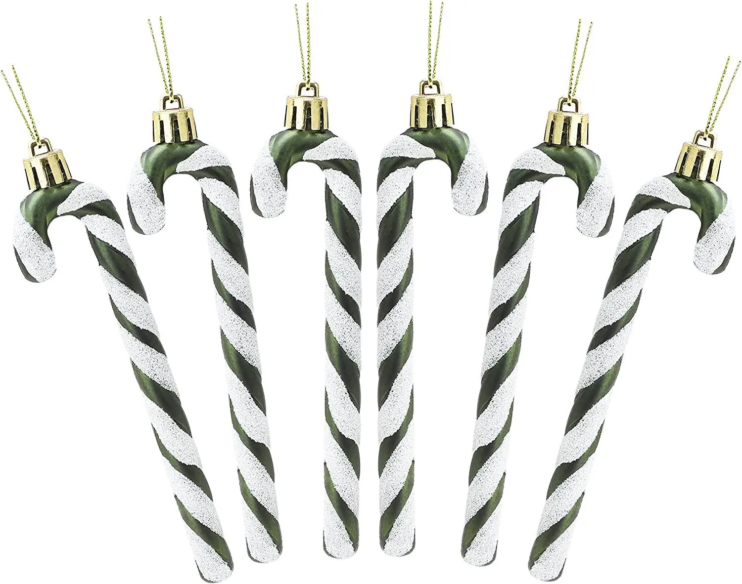 Christmas Concepts 6-Pack 13Cm Glitter Candy Cane Ornaments Forest Green Traditional Christmas Tree Decorations with Gold Top & Cord