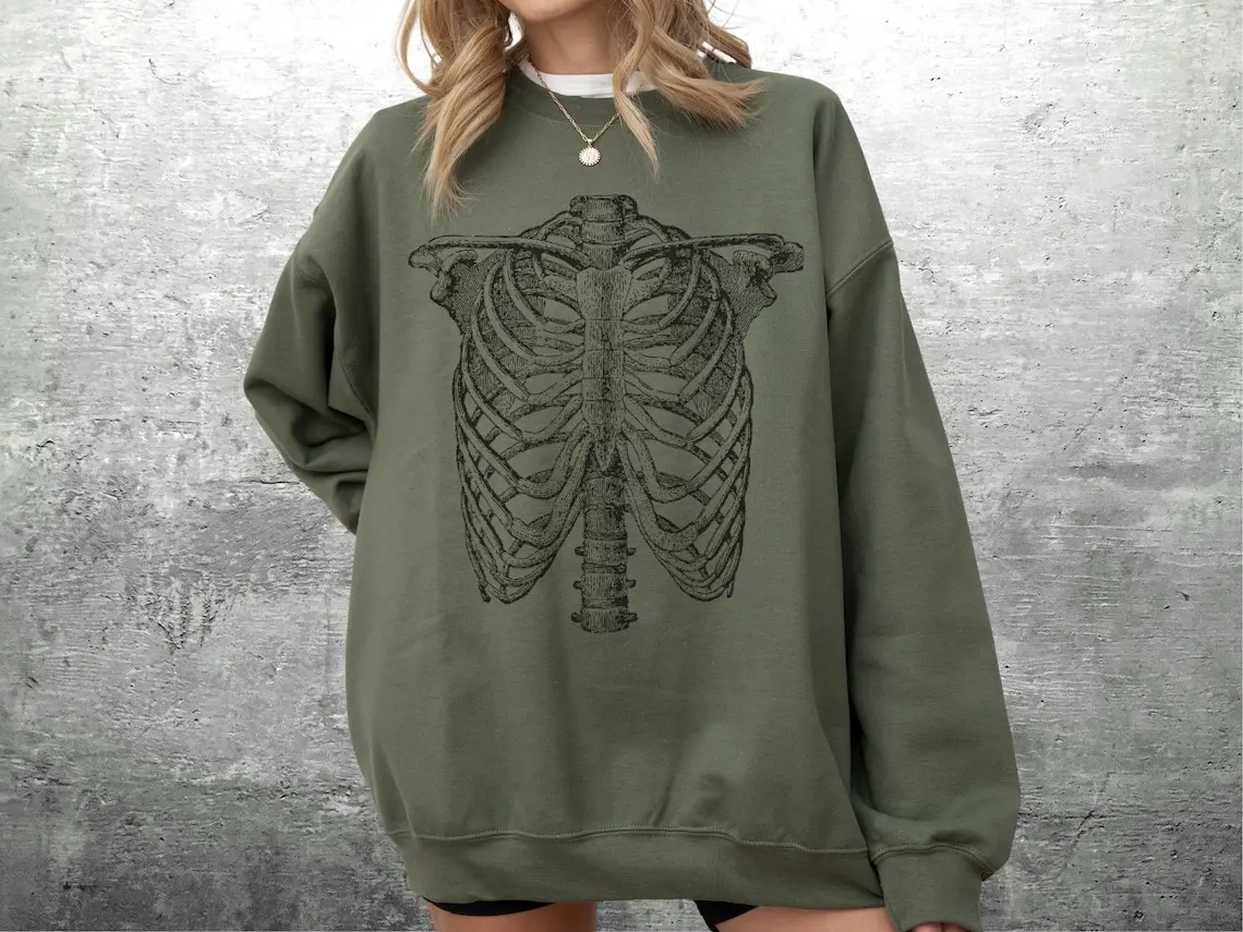 Women's Gildan Classic Baggy Skeleton Crewneck Sweatshirt - Oversized Heavyweight Cotton-Spandex Blend Longsleeves Pullover, Ribbed Round Neck Smooth Fabric Casual Streetwear Clothes for Thanksgiving, Chinese New Year