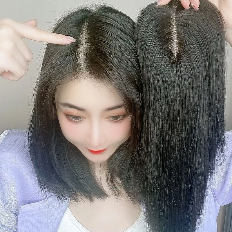 Maximum Coverage Double-Wefted Straight Hair Topper for Women - 100% Human Hair. Invisible base for top-of-head coverage, covers gray hair, and adds full volume.