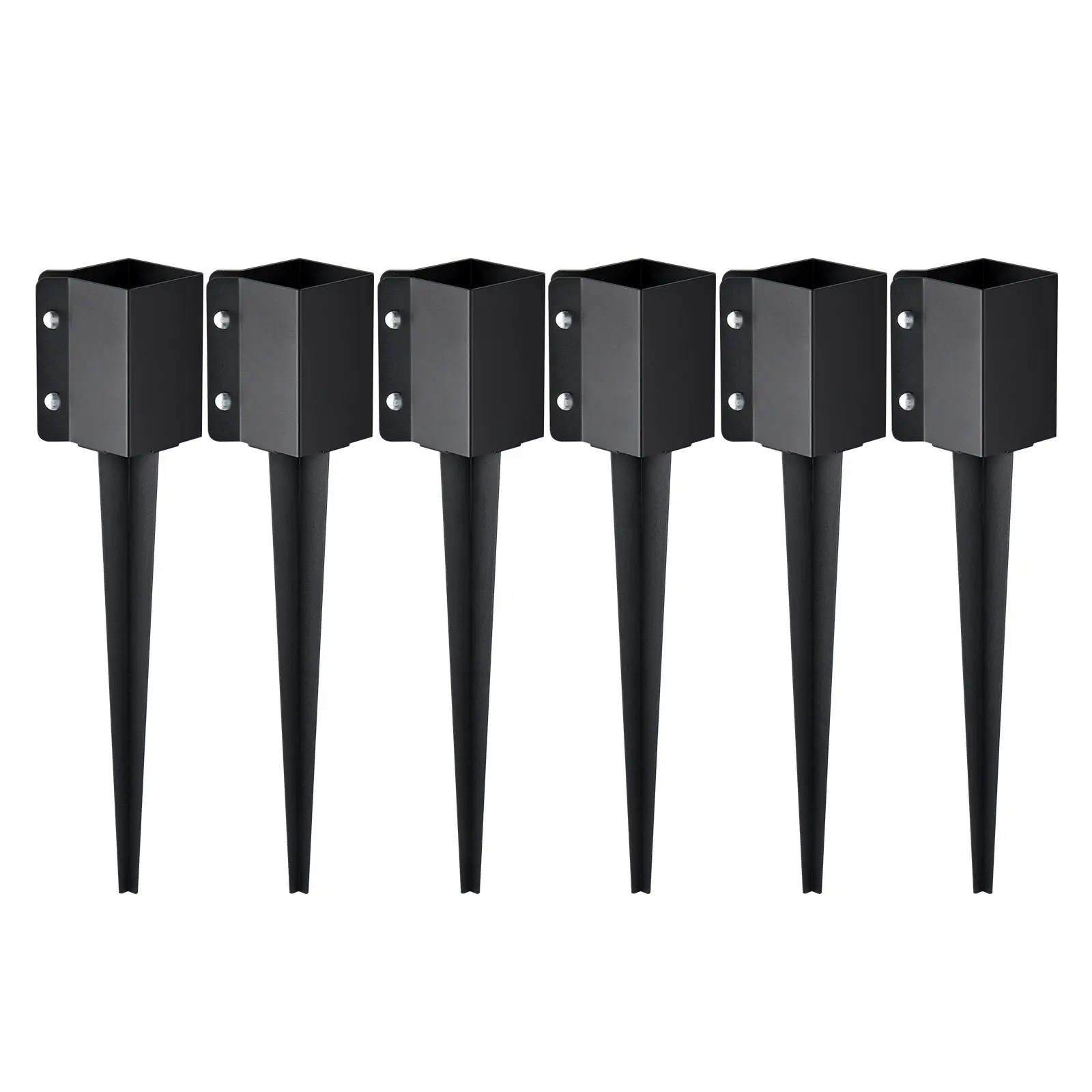 Fence Post Anchor Ground Spike, 6 Pack, 24 X 4 X 4 Inches Outer Diameter, Inner Diameter 3.5 X 3.5 Inches, Heavy Duty Metal Black Powder Coated Post Stake For Mailbox, Deck, Garden, Patio Railing And Fence Support