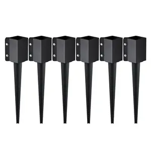 Fence Post Anchor Ground Spike, 6 Pack, 24 X 4 X 4 Inches Outer Diameter, Inner Diameter 3.5 X 3.5 Inches, Heavy Duty Metal Black Powder Coated Post Stake For Mailbox, Deck, Garden, Patio Railing And Fence Support