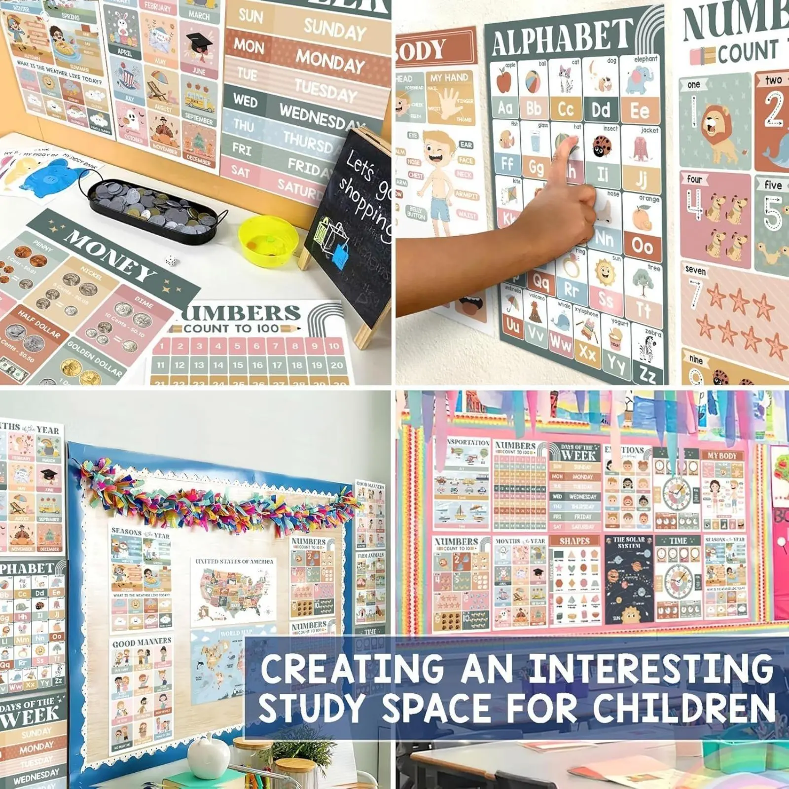 16 Children's Learning Posters, Suitable for Wall Decor in Home Schools and Classrooms, Bohemian Style Educational Posters