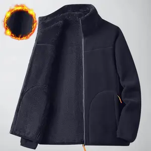 Men's polar fleece warm stand collar jacket, warm outdoor casual coat, warm quilted lining jacket, cold resistant heat locking function, double sided velvet casual winter coat, slim fit style loose fit outerwear