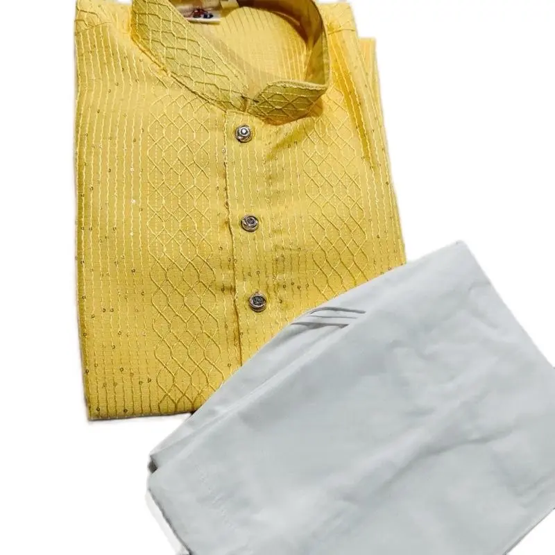 Kurta Silk Sequence Pajama Set - Yellow kurta with Button-Up and Plain White Trousers