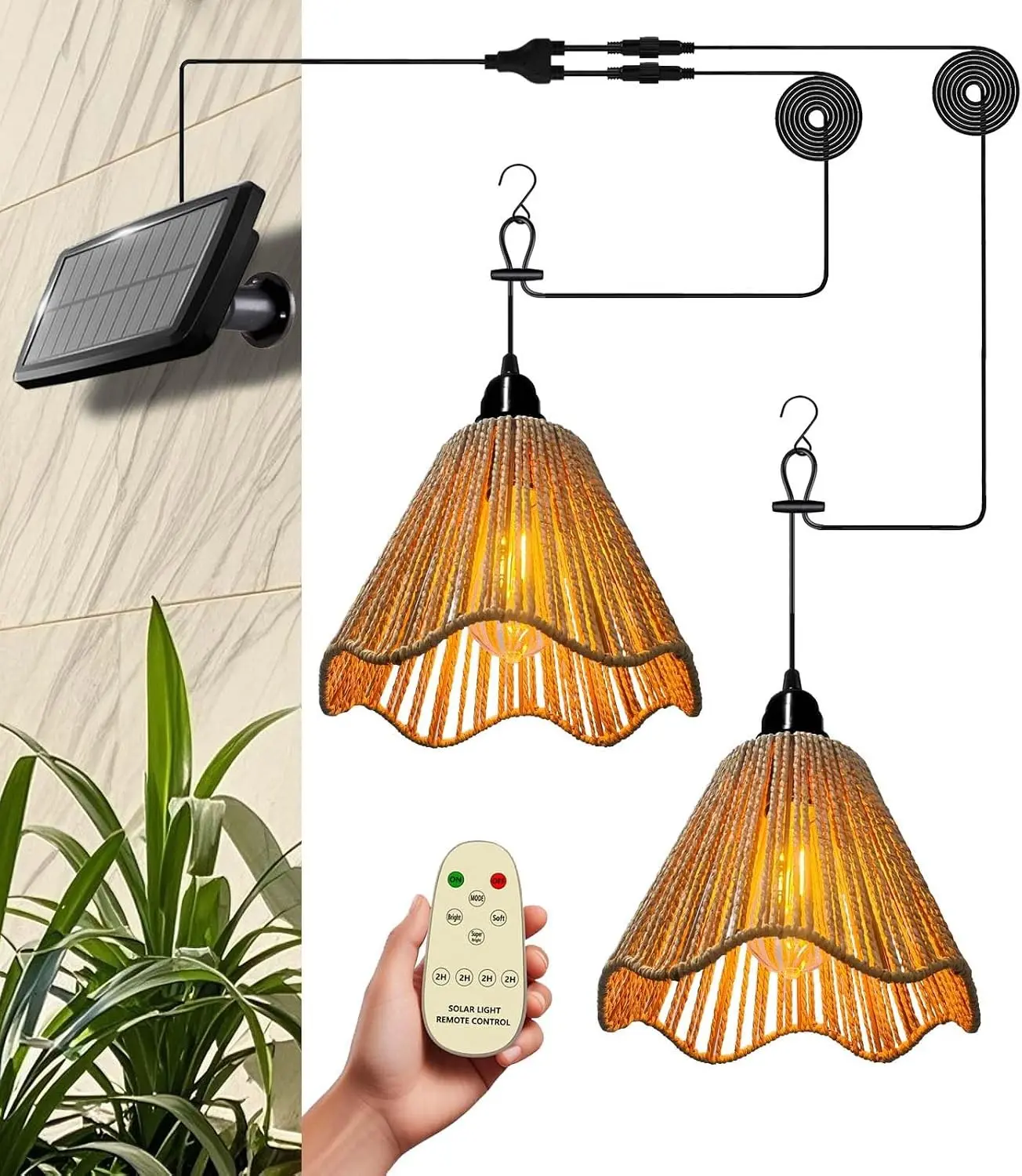 Solar Chandelier Outdoor Waterproof, Gazebo Lights Solar Powered with Remote Control, Boho Hanging Pendant Light for Porch, Patio, Pergola, Shed, Chicken Coop, Balcony(2 Lights)
