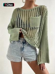 women's solid hollow out round neck sweater, elegant casual chic pocket breathable soft drop shoulder long sleeve jumper, lady knitwear, summer beach crochet cover up, womenswear, sweaters, classy tops