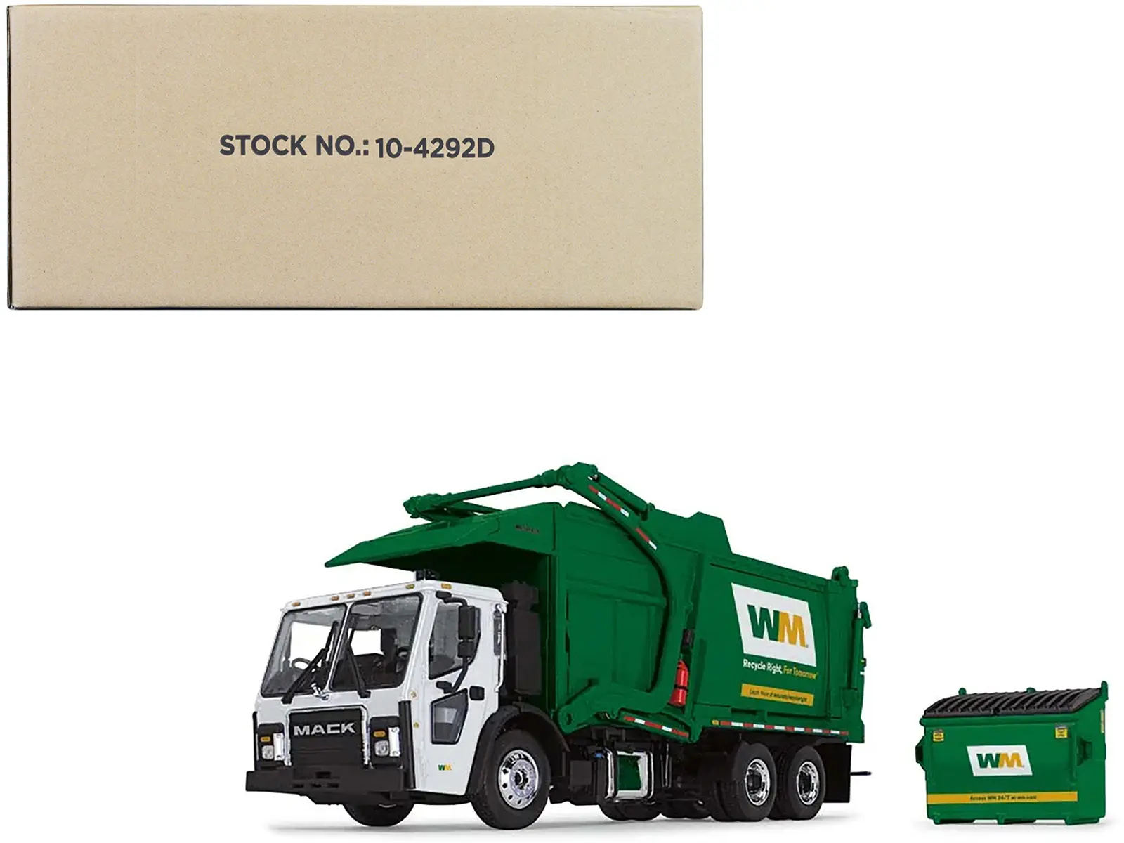 Mack LR "Waste Management" Refuse Garbage Truck w/Front Loader White and Green w/Trash Bin 1/34 Diecast Model by First Gear