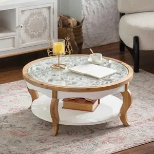 Bellemave  31.50" Round Coffee Table with Open Storage - Solid Wood & MDF + Tempered Glass Top, Farmhouse Style 2-Tier Coffee Table for Living Room (White & Natural Wood Finish)