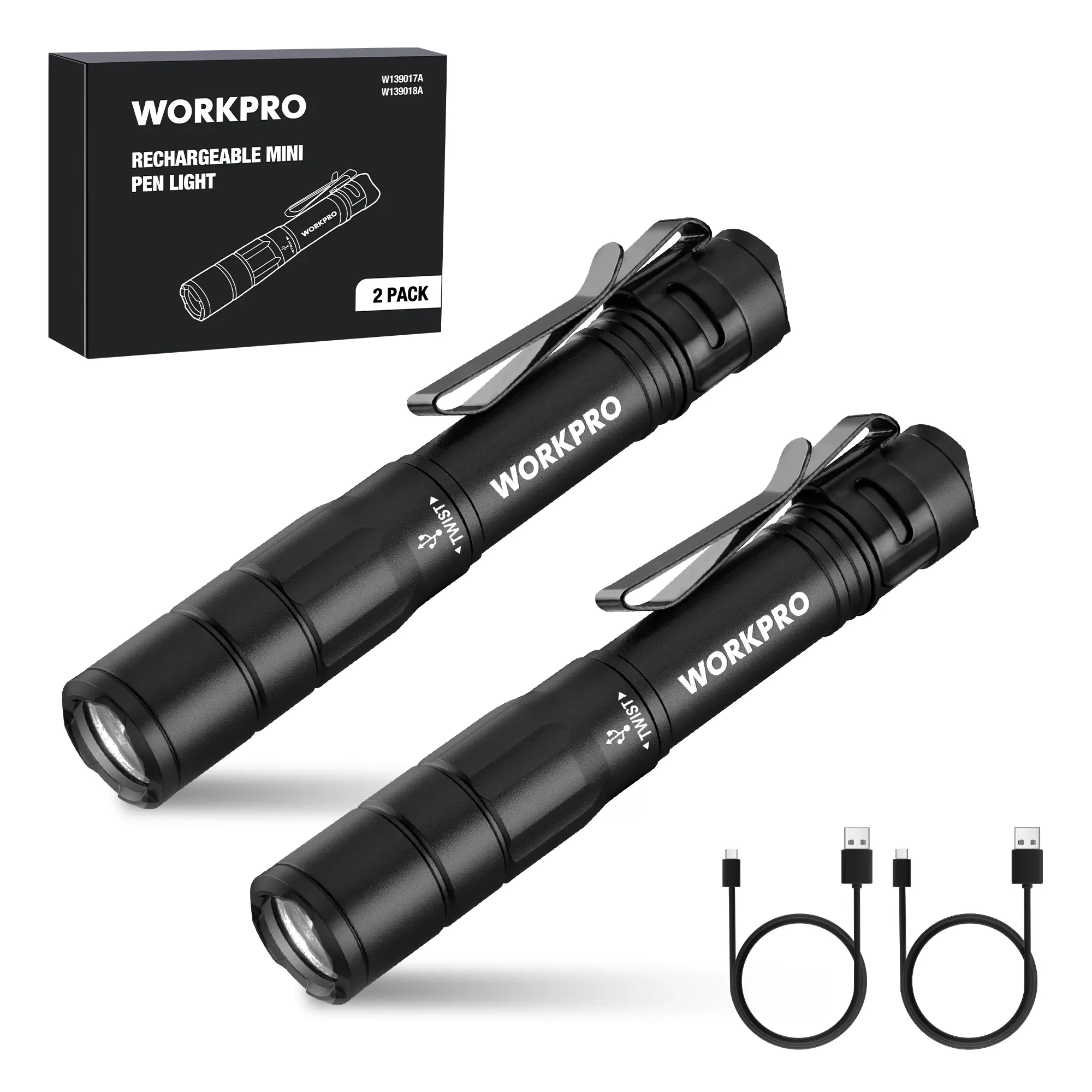 #fathersdaygift WORKPRO Rechargeable Pen Light, Mini Flashlight, 2 Pack Ultra-Compact EDC Flashlight, Pocket Flashlight with Clip, Memory Function and 2 x USB C Cable Included