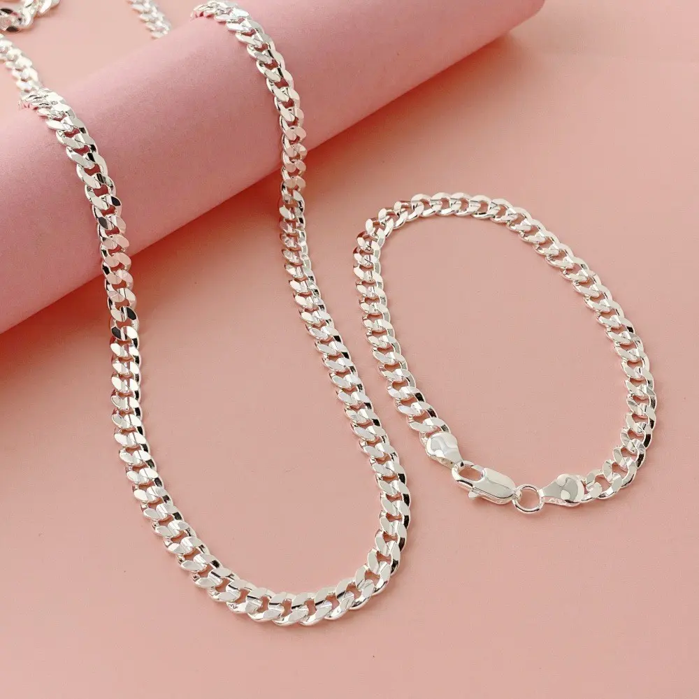 Elegant Sideways Chains Set for Men and Women, 925 Sterling Silver 7mm Jewelry - Accessory Set with 24in Necklace & 8in Bracelet, Elegant Jewelry Set, 7Mm Sideways Design