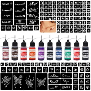 Temporary Tattoo Stencil Set with Butterfly Flower Letter Patterns, Includes 10 Bottles of Temporary Tattoo Juice, Multi-Pack, Temporary Tattoo Kit