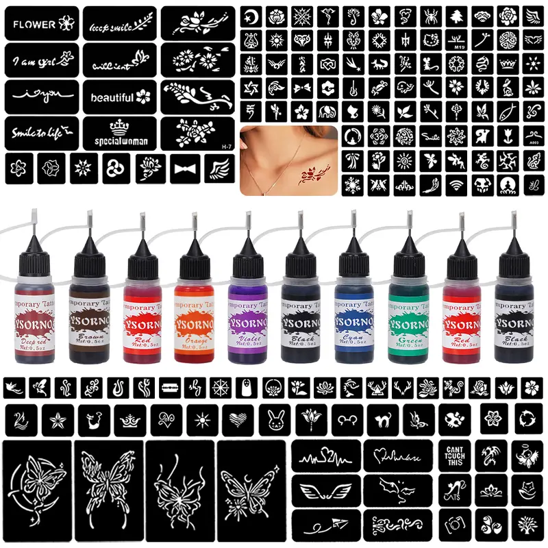 Temporary Tattoo Stencil Set with Butterfly Flower Letter Patterns, Includes 10 Bottles of Temporary Tattoo Juice, Multi-Pack, Temporary Tattoo Kit