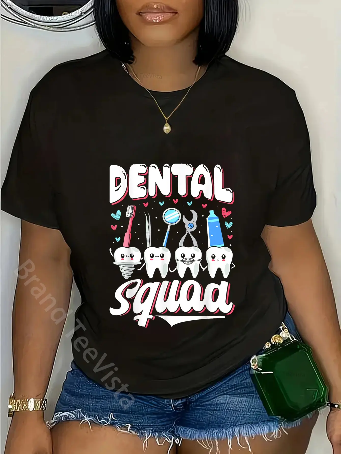 Men's Vintage 100% Cotton Dental Squad Graphic T-Shirt - Peculiar Streetwear Round Neck Short-Sleeve Casual Top, Distressed, Everyday, Unisex, All Seasons, B144557-Black