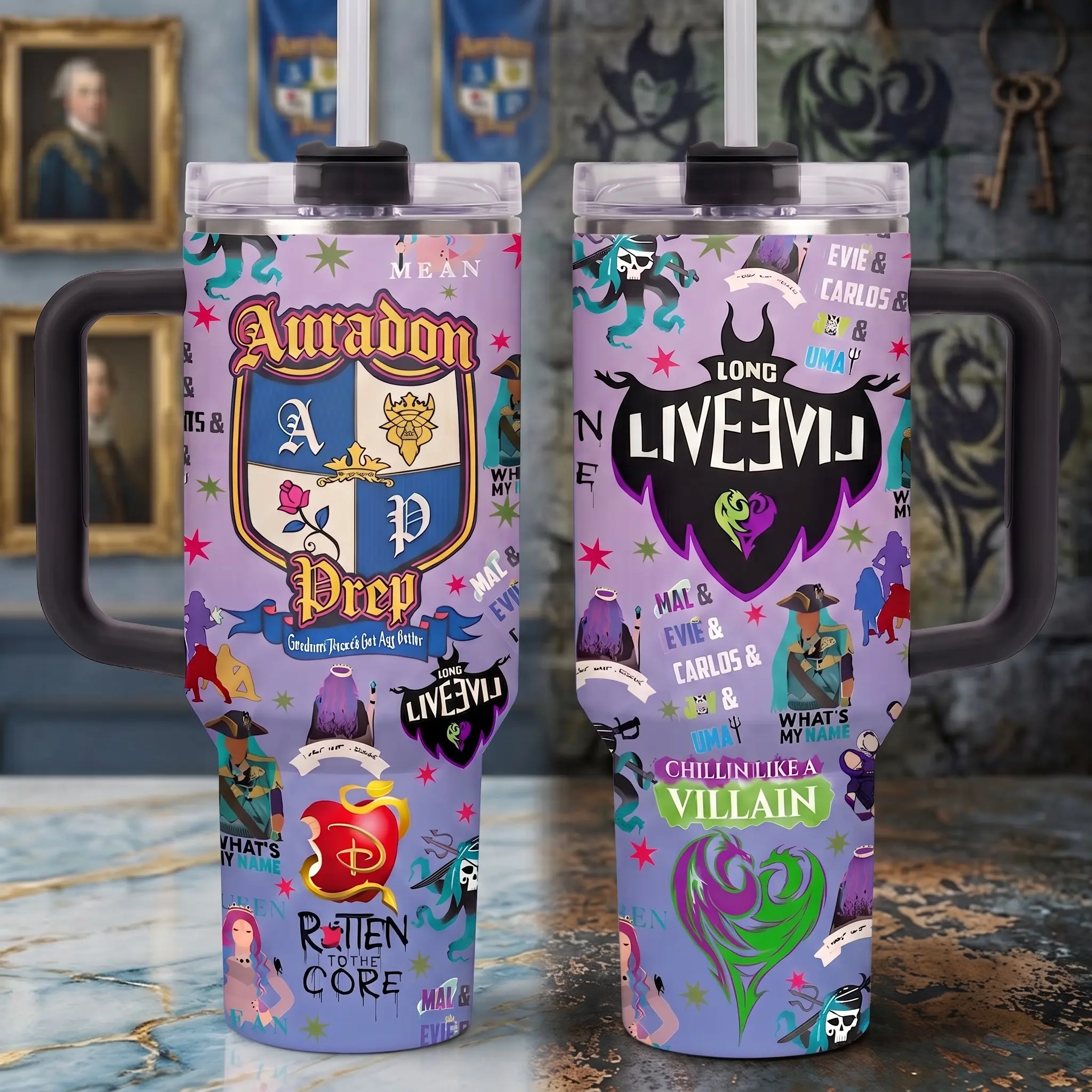 Descendants 40oz Tumbler with Handle and Straw, Descendants TV Series, Auradon Prep Long Live Evil Insulated Travel Cup