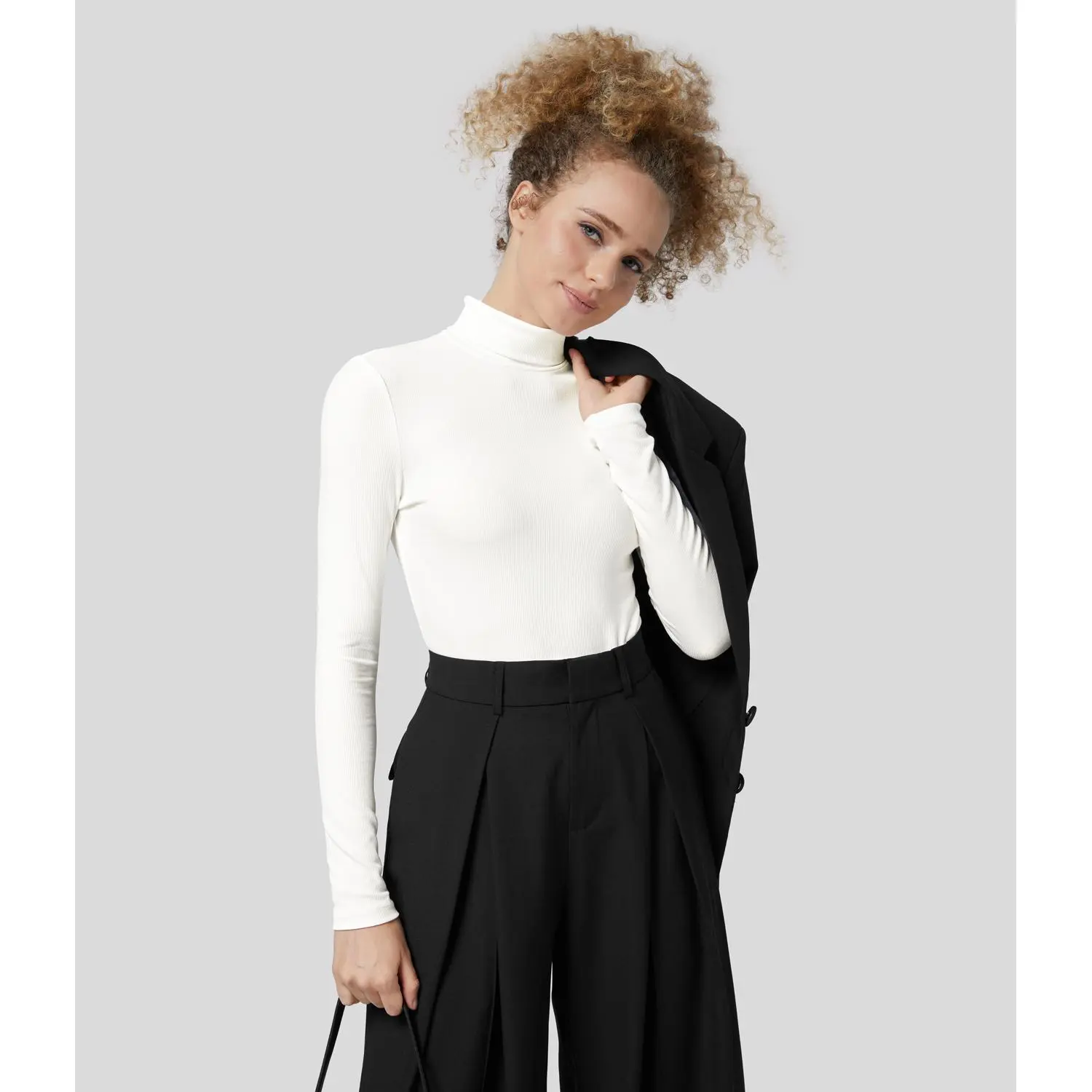 Halara Ribbed Knit High Collar Long Sleeve Casual Top