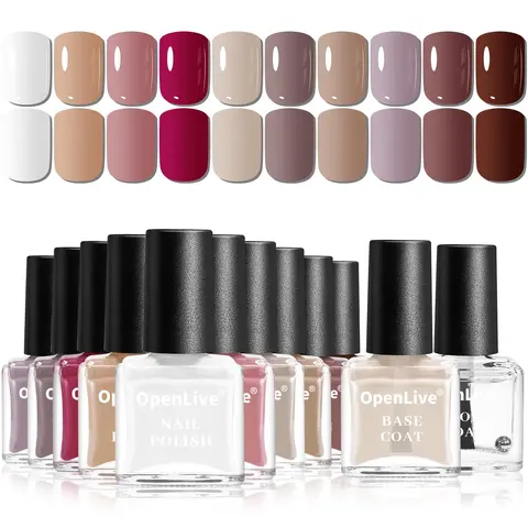 OpenLive 12-Piece Nail Polish Set Pack, 5ml Quick-Drying Lacquer Nail Supplies for Adults, Glossy Finish, Home Manicure, No Lamp Needed, 10 Fall Nude Brown Colors with Base & Top Coat, Ideal Birthday Gift