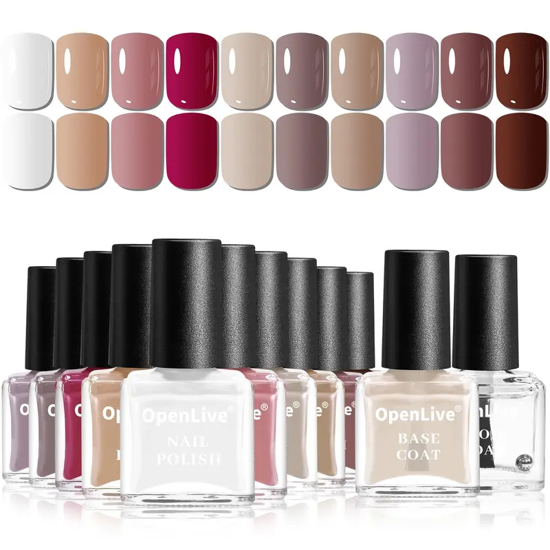 OpenLive 12-Piece Nail Polish Set Pack, 5ml Quick-Drying Lacquer Nail Supplies for Adults, Glossy Finish, Home Manicure, No Lamp Needed, 10 Fall Nude Brown Colors with Base & Top Coat, Ideal Birthday Gift