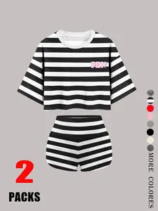 Women's Letter Print Crop Tee & Skinny Shorts Two-Piece Set, Casual Short Sleeve Round Neck T-Shirt & Shorts, Ladies Summer Clothes for Daily Wear, Suits