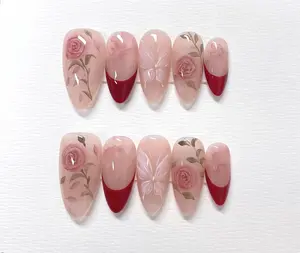 Red Roses Press On Nails: Hand Painted Reusable Faux Nails