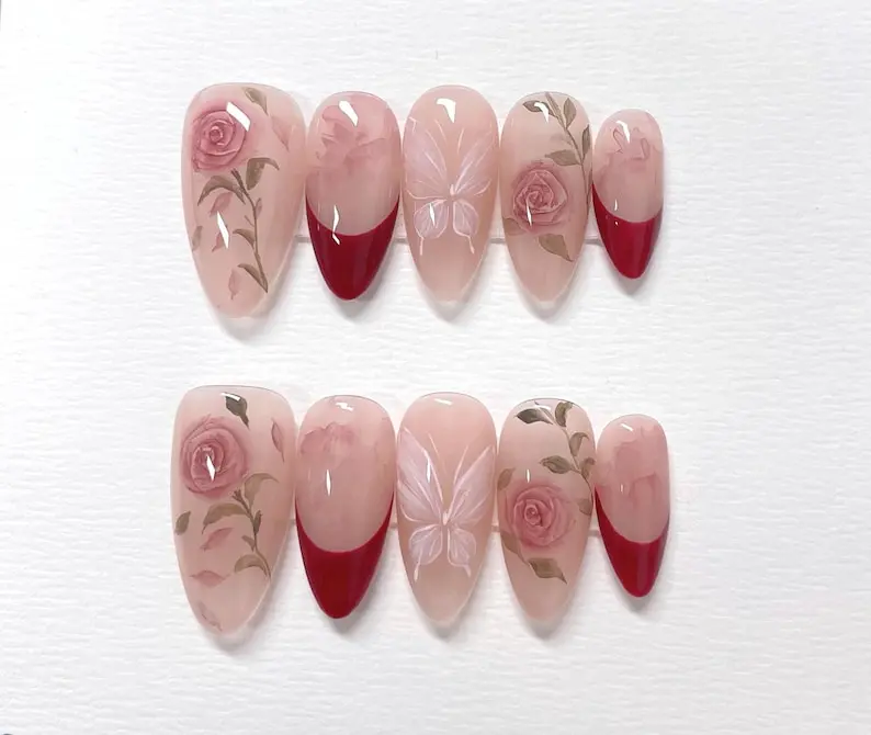 Red Roses Press On Nails: Hand Painted Reusable Faux Nails