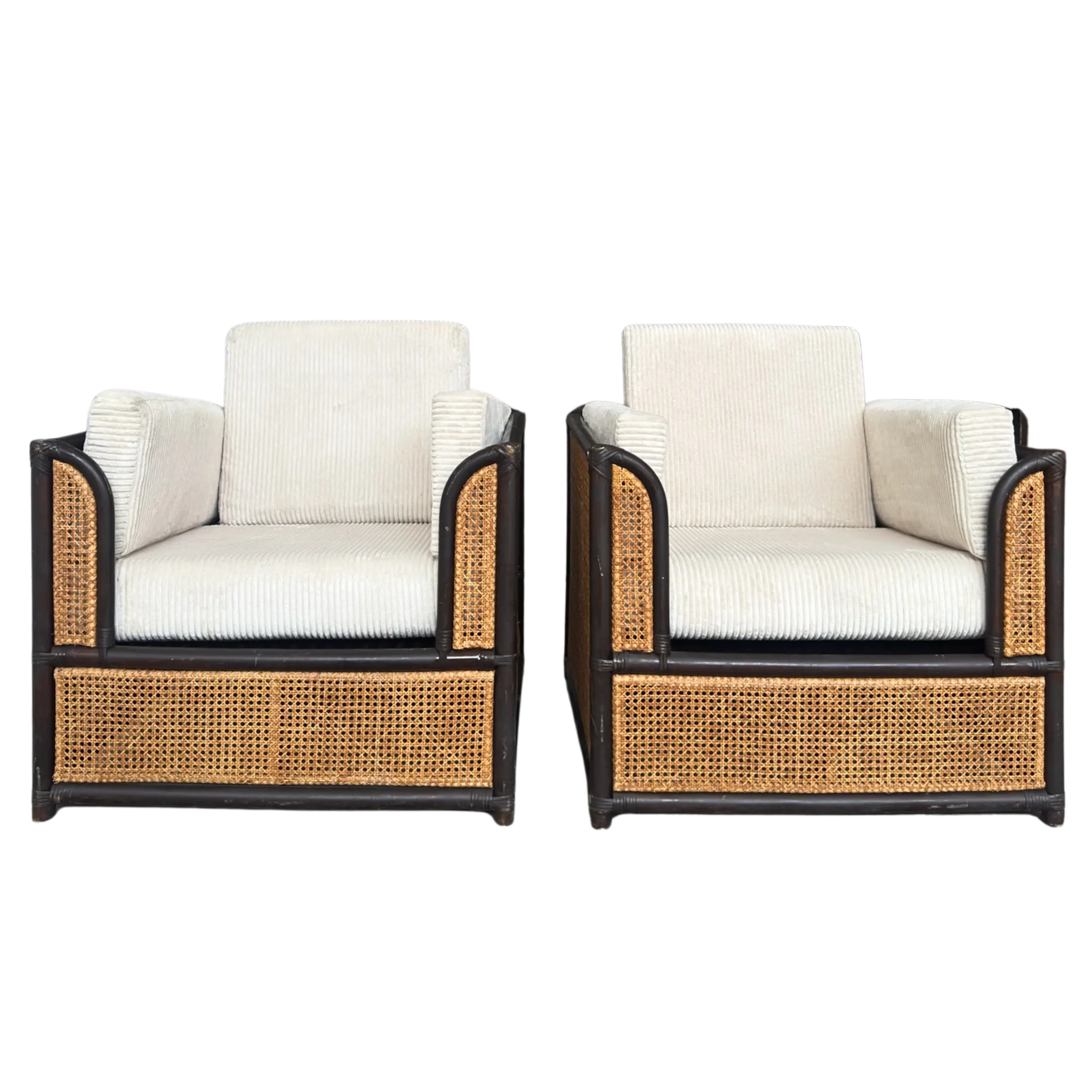 Pair of Vintage French Natural Wicker and Ebony Chairs