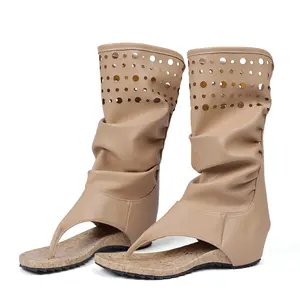 VIMISAOI Womens Mid Calf Boots Open Toe Zipper Wedge Flat Heels Cut Out Slouchy Roman Sandals Fall Fashion Party Outdoor Date Concert Tall Trendy Boots