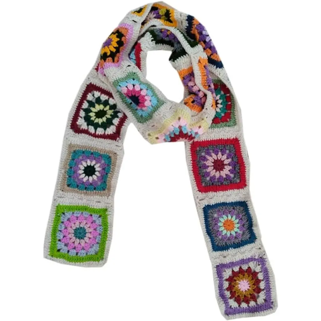 Women's Casual Long Scarf, Handmade Granny Square Patchwork Synthetic Knit Rectangular Wrap for All Seasons Daily Wear, Mixed