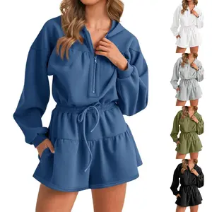 FMEYOA Womens Rompers Casual One Piece Outfits Half Zip Long Sleeve Hoodies Casual Shorts Drawstring Waist Jumpsuits