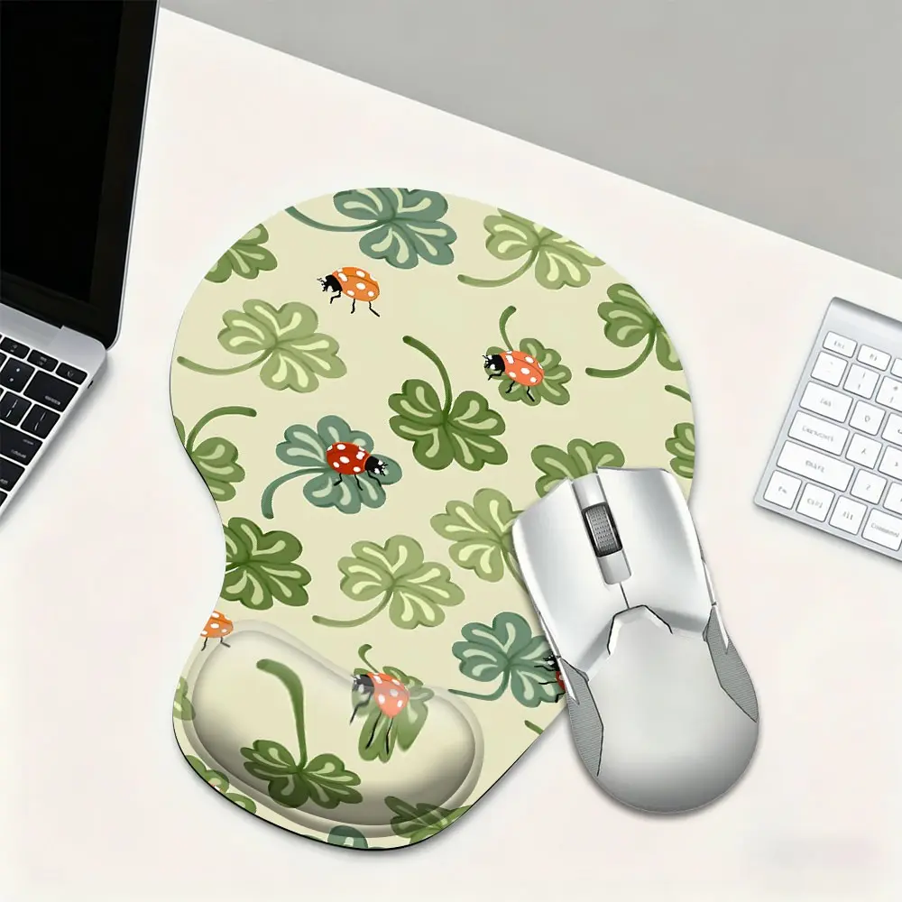 Cozy Cartoonish Ladybug Clover Grid Wrist Rest Mouse Pad, Ultra-Soft Polymer Gel Frictionless Mousepad, Ergonomically Formed Wrist Bed, Chic Desk Accessories for Laptop Gaming